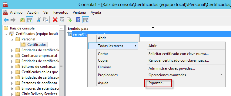 Figura 2: Exportando certificado desde certmgr.msc.