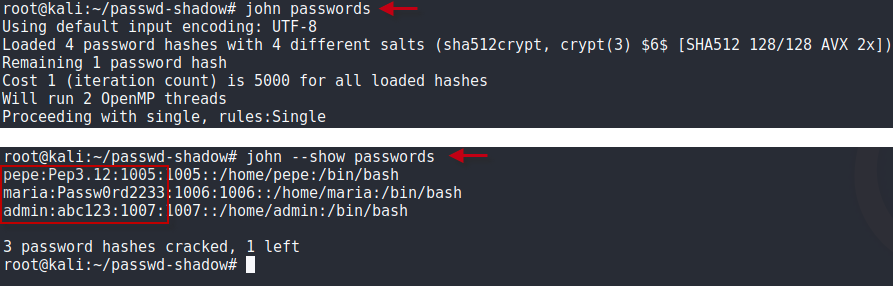 Figura 1: Password cracking en Linux con John The Ripper.