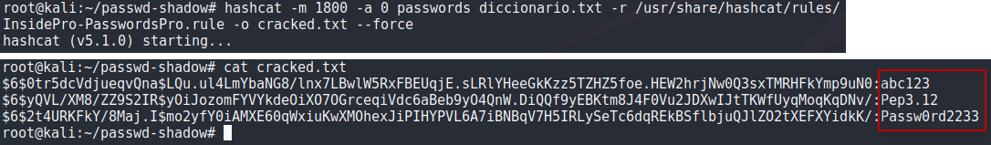 Figura 2: Password cracking en Linux con Hashcat.