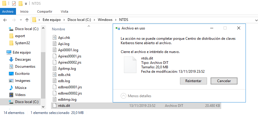 Figura 1: Error al copiar el archivo en uso ntds.dit de un controlador de dominio.