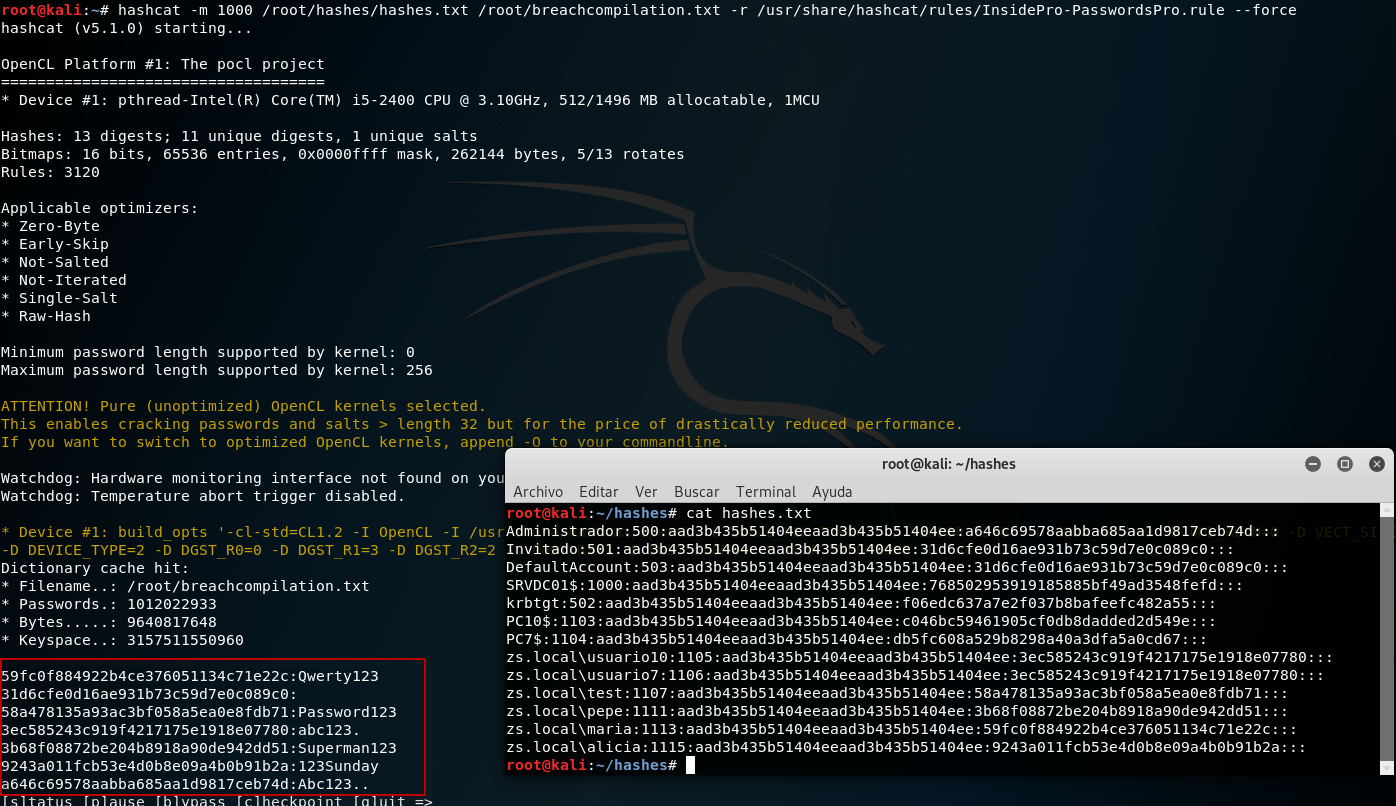 Figura 14: Ataque por diccionario con Hashcat - Password cracking de hashes NTLM de Active Directory.