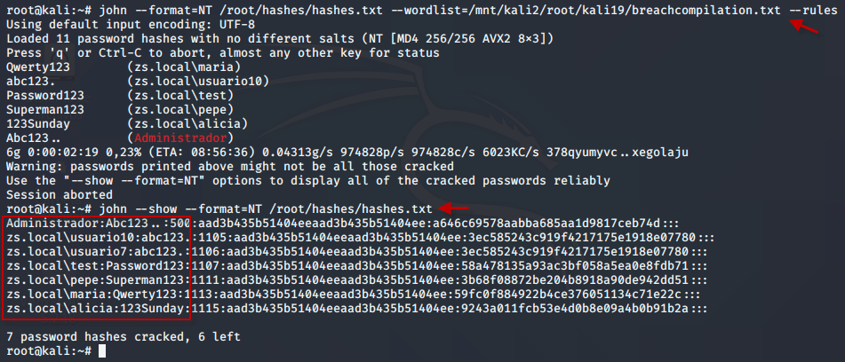 Figura 15: Ataque por diccionario con John The Ripper - Password cracking de hashes NTLM de Active Directory.