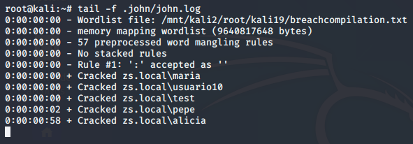 Figura 16: Consultar el log de John para ver a tiempo real el proceso de cracking.