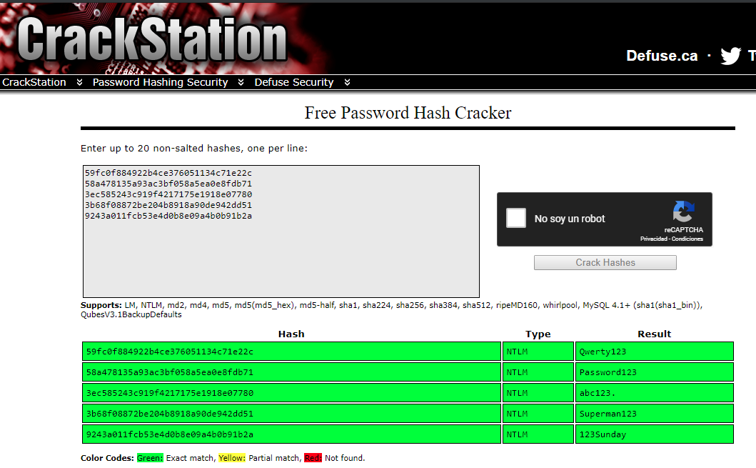 Figura 17: Descifrar hashes NTLM comparándolos con hashes ya conocidos en sitios webs.