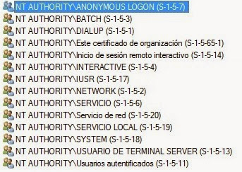 Figura 1: Usuarios NT AUTHORITY utilizados por Windows 7.