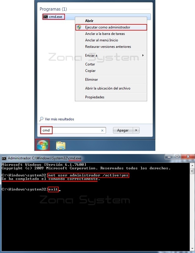 Figura 3: Habilitar o deshabilitar cuenta administrador a través de consola, cmd.exe.