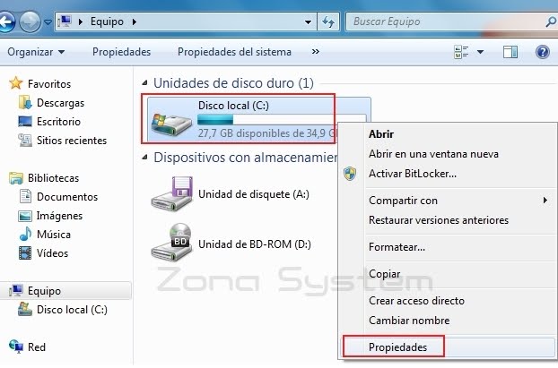 Figura 5: Acceder a las propiedades de %systemdrive% para configurar la seguridad de permisos.