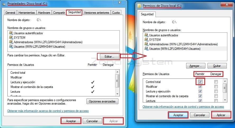 Figura 6: Edición de permisos para “Usuarios” y otros.