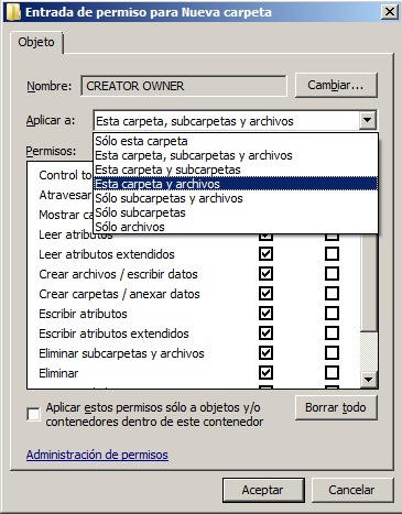 Figura 10: Editando permisos especiales de solo carpeta y archivos al “Creator Owner”.