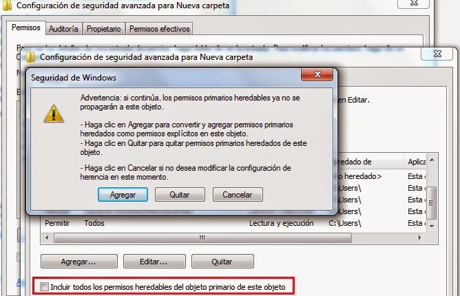 Figura 13: Permisos heredables del objeto primario de este objeto.