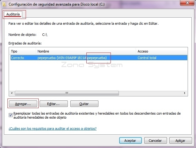 Figura 15: Auditando acceso o modificación a objetos a un usuario específico.