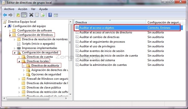 Figura 16: Aplicando la GPO para auditar objetos en gpedit.msc.