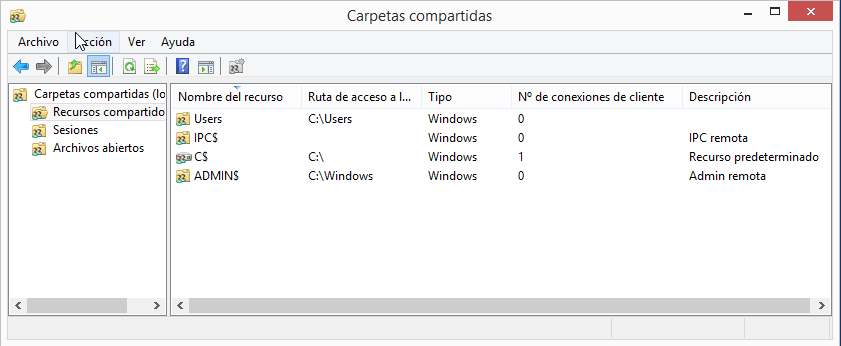 Figura 1: Consola Microsoft fsmgmt.msc “Carpetas compartidas”.