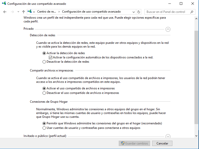 Figura 5: Configuración del uso compartido de redes (entorno privado).