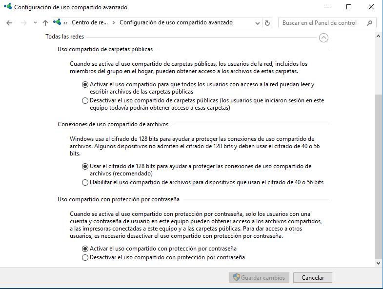 Figura 6: Configuración del uso compartido de redes (todas las redes).