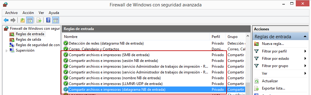 Figura 7: Reglas de entrada del Firewall avanzado para SMB “Compartir archivos e impresoras”.