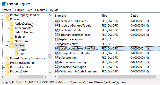 Figura 10: “LocalAccountTokenFilterPolicy” para evitar la autenticación manual en acceso a C$.