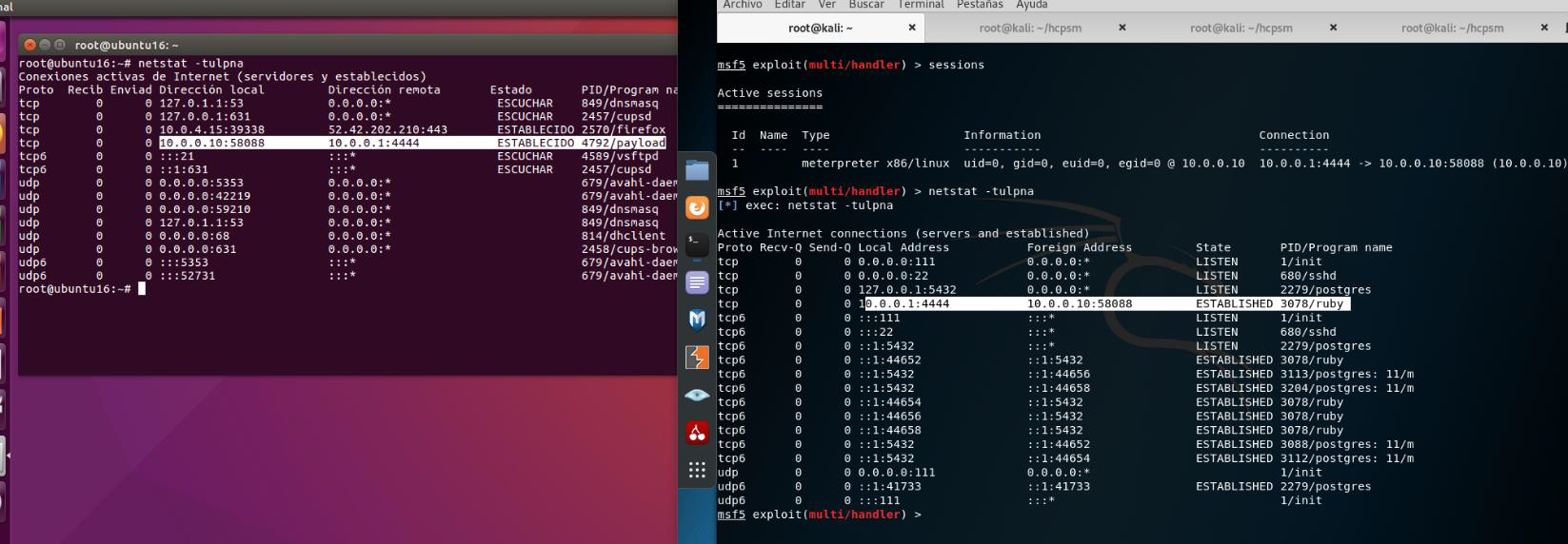 Figura 5: Sesión con meterpreter establecida entre las máquinas Ubuntu y Kali.