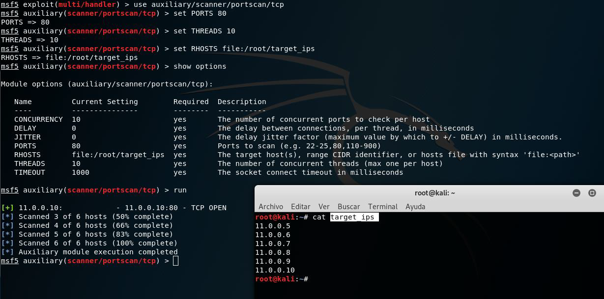 Figura 8: Pivotando para descubrir nuevos hosts y puertos de otra red a través de Metasploit.