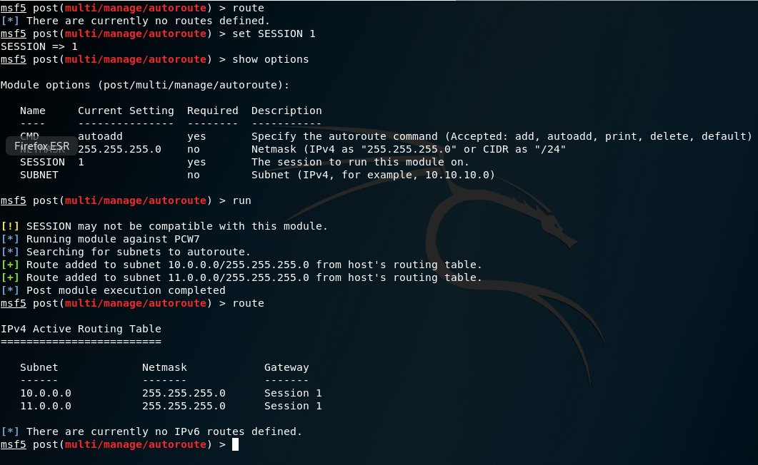 Figura 10: Usando el módulo de Autoroute para agregar rutas automáticamente en Metasploit.