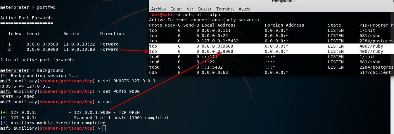 Figura 12: portfwd - Usando port forwarding a través de módulos en Metasploit.
