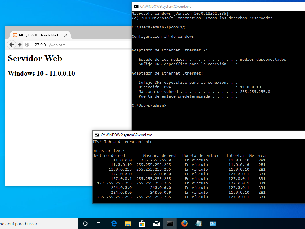 Figura 15: Configuración de red y servicio web disponible en la máquina B (Windows 10).