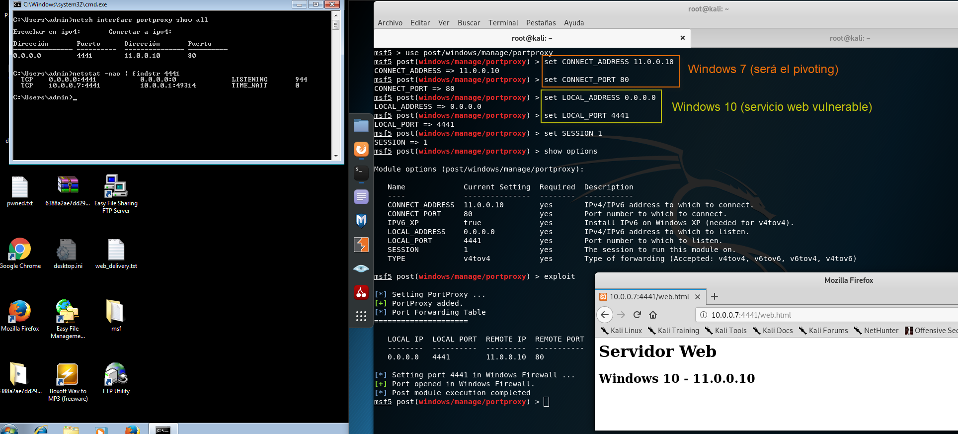Figura 16: Uso del módulo portproxy para sesiones Windows en Metasploit.