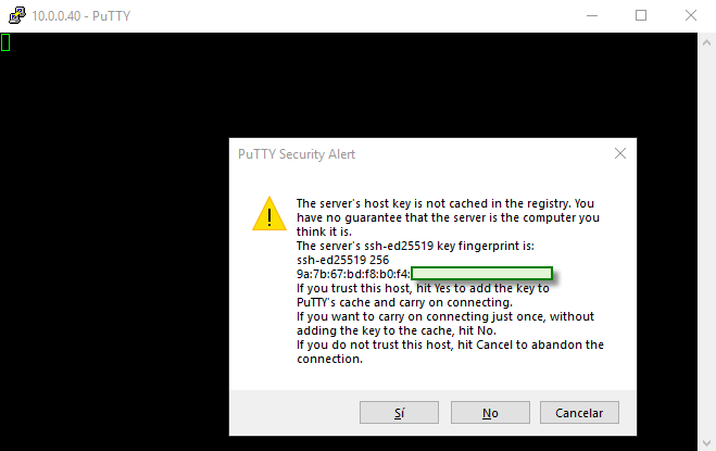 Figura 1: Alerta de seguridad - Host key de la primera conexión SSH.