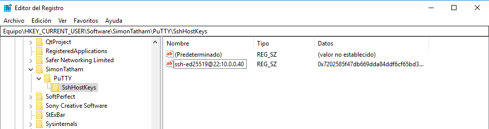 Figura 2: Registro Windows - SSH Host Keys de Putty.