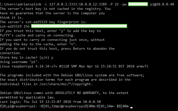 Figura 4: Conexión túnel SSH port forwarding con Plink (Putty).