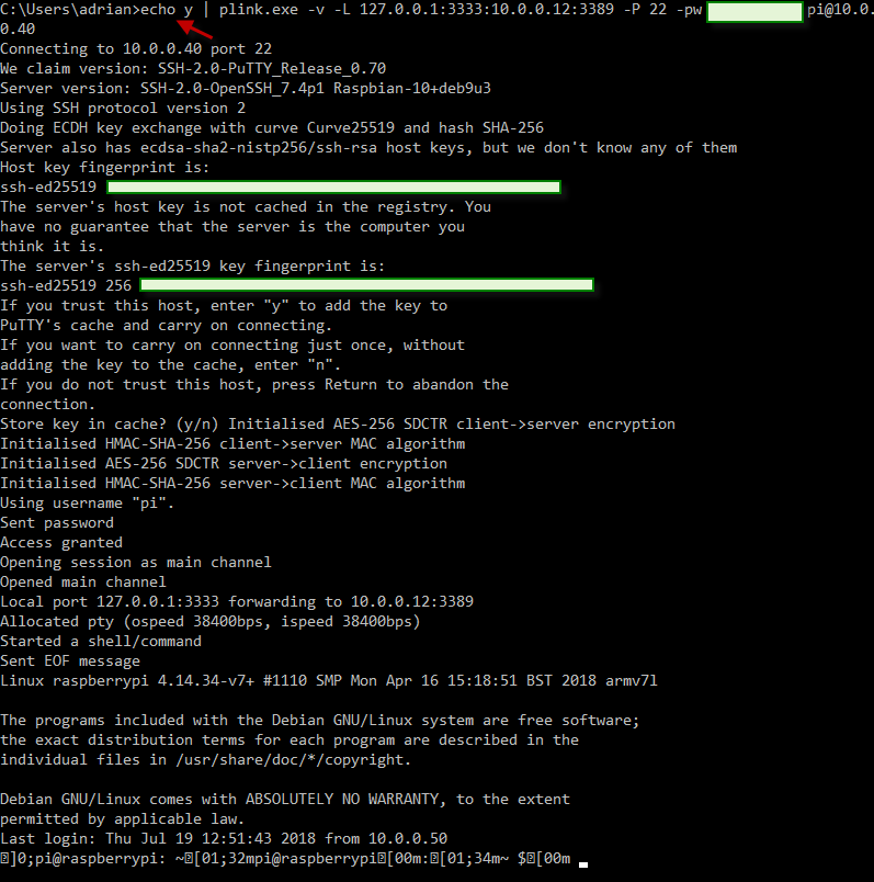 Figura 5: Auto aceptando hostkey ssh con &ldquo;echo y | plink&mldr;&rdquo;.
