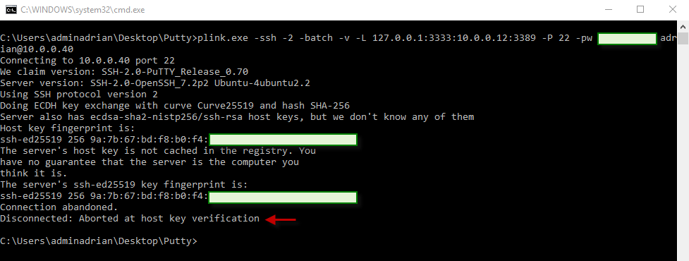 Figura 6: Intento de conexión abortada con Plink especificando la versión 2 del protocolo SSH.