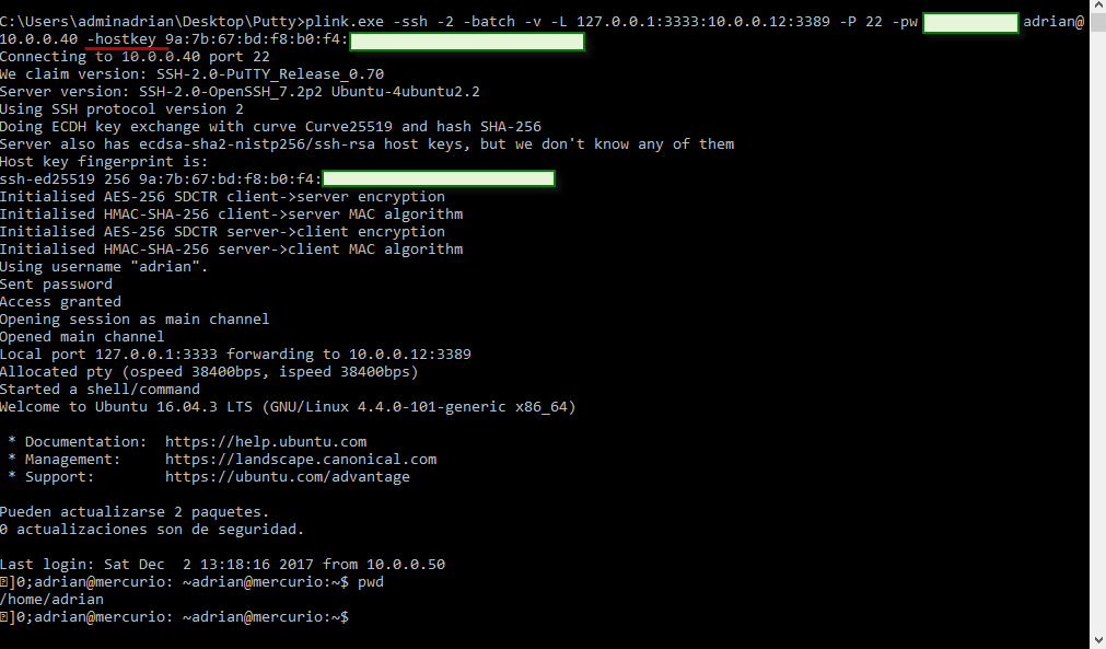 Figura 7: Especificar la hostkey del servidor SSH cuando esta aún no está cacheada en el equipo cliente.
