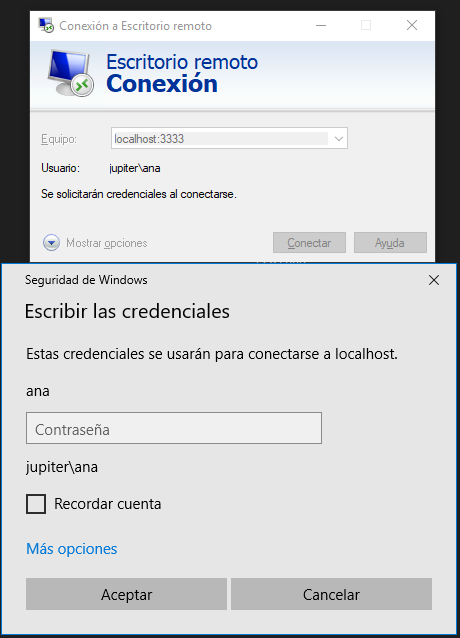 Figura 8: Conexión RDP tunelizado por SSH.