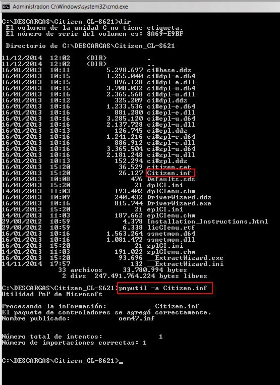 Añadiendo diversos modelos de controladores de Citizen con pnputil -a