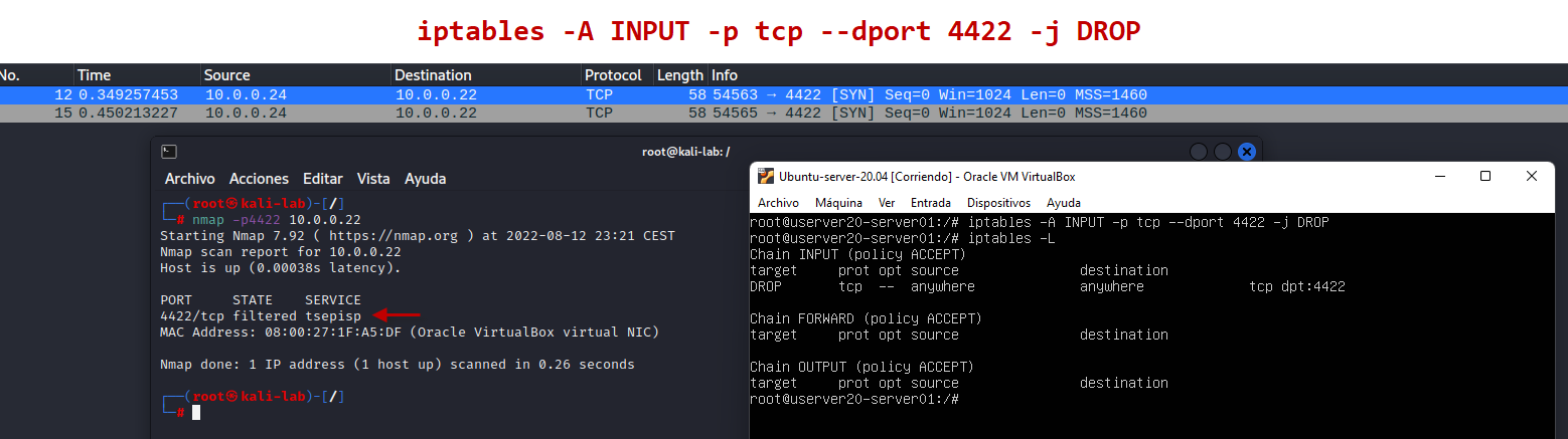 Figura 1: Estado de puerto &ldquo;filtered&rdquo; usando DROP en TCP.