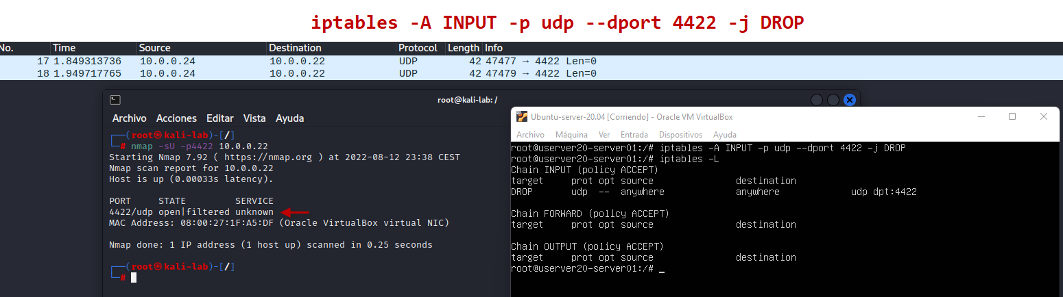 Figura 2: Estado de puerto &ldquo;open|filtered&rdquo; usando DROP en UDP.