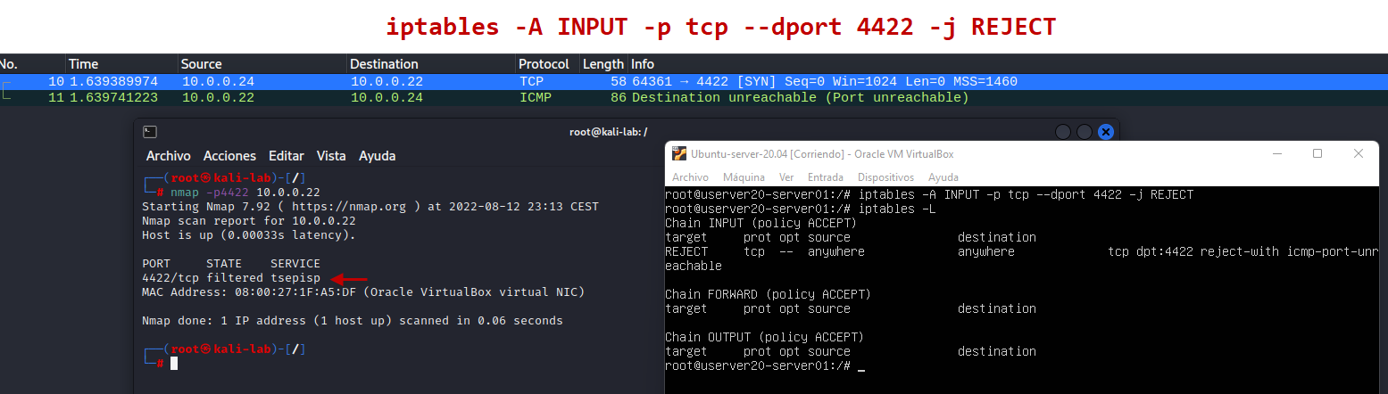 Figura 3: Estado de puerto &ldquo;filtered&rdquo; usando REJECT en TCP.