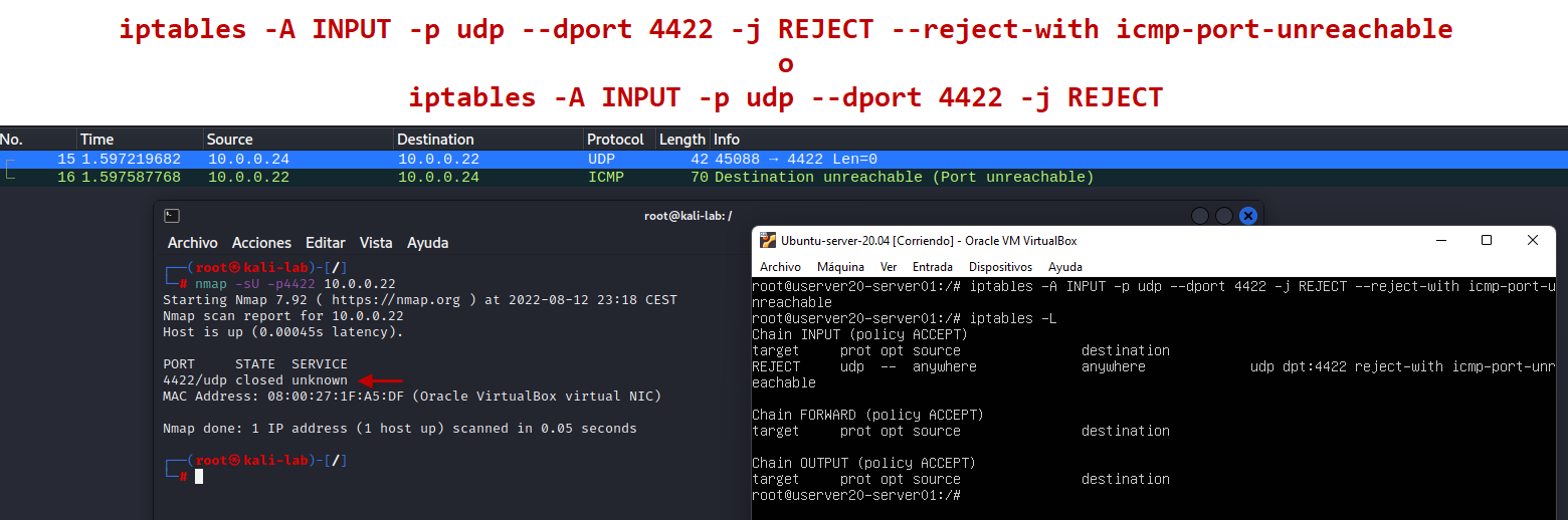 Figura 5: Estado de puerto &ldquo;closed&rdquo; usando REJECT en UDP.