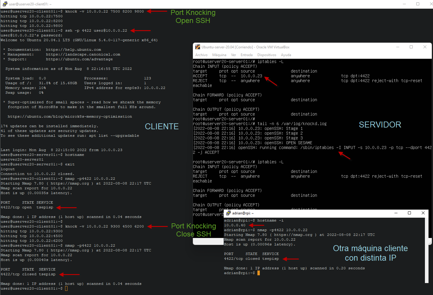 Figura 7: Intento de conexión SSH usando knockd con la secuencia correcta de Port Knocking.