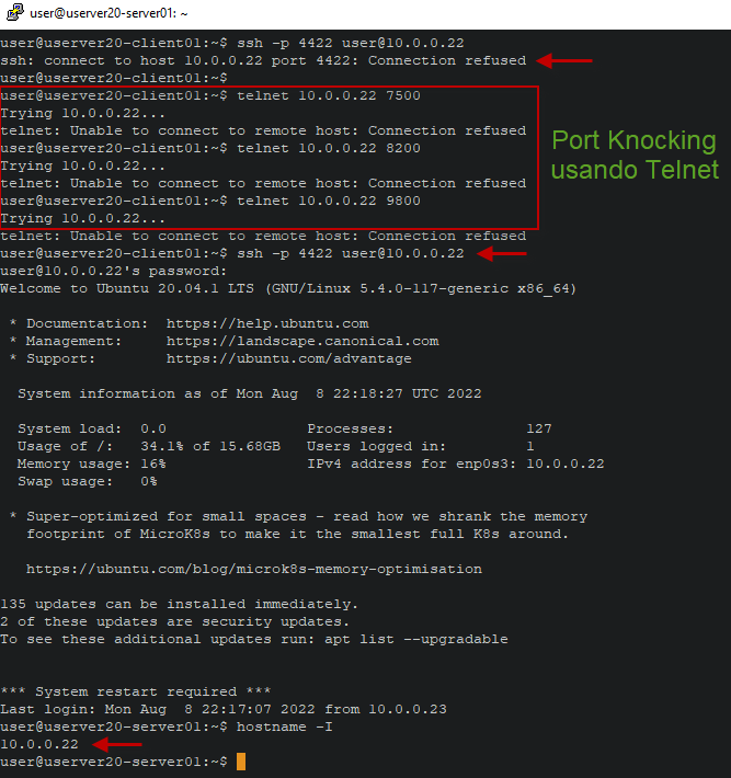 Figura 8:  Intento de conexión SSH usando telnet con la secuencia correcta de Port Knocking.