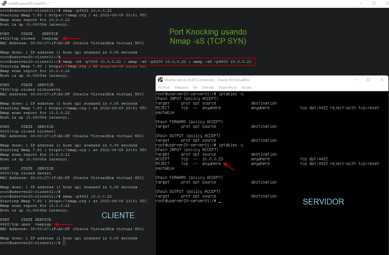 Figura 9: Intento de conexión SSH usando Nmap con la secuencia correcta de Port Knocking.